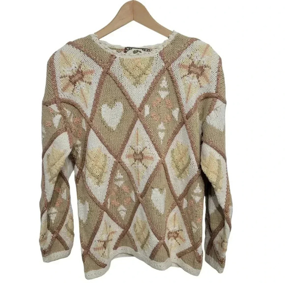 Vintage Tiara 1990s Chunky Argyle Floral Tan White Sweater Medium - Picture 1 of 5
